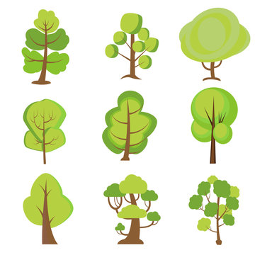 Set of cartoon trees. Green plants with for vegetation spring and summer backyard landscape wood plant. Nature forest lumber tree park vector isolated icons