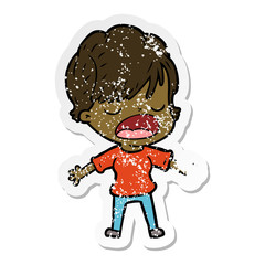 distressed sticker of a cartoon woman talking