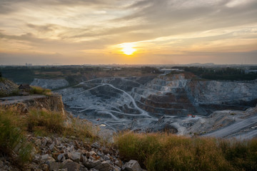 Aerial view of quarry at sunset.