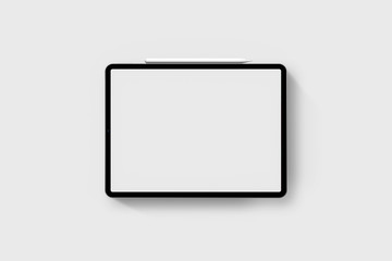 White tablet in pad style with touch screen isolated on soft grey background.Tablet pc. 3D rendering.