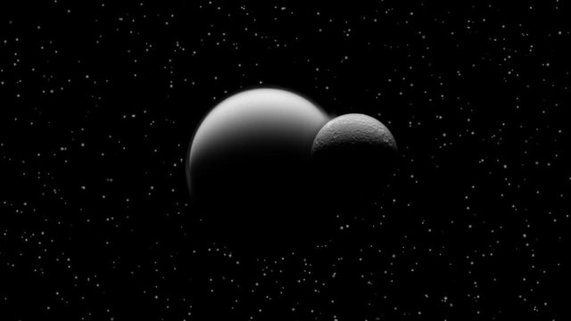 Reha rock dark passing Titan saturn moon night star field. Contains public domain image by Nasa