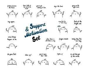 Support and motivation set hand drawn illustrations with cute marshmallow