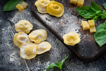 Cooking homemade ravioli with cheese and Basil in the kitchen, Italian traditional cuisine