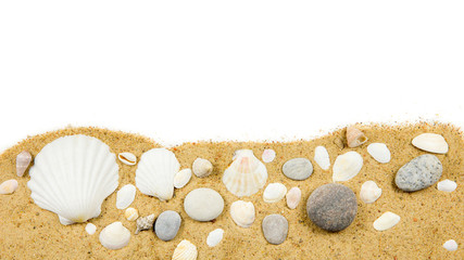 Patch of sand, decorated with various seashells isolated on white, overhead studio shot. Tropical beach holiday destination design background concept.