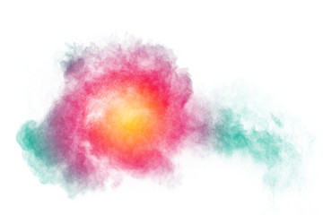 Fototapeta na wymiar Multicolored powder explosion on white background. Color dust splash cloud on background. Launched colorful particles on background.