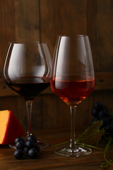 Wine drink in glasses and cheese