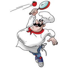 Cartoon Chef playing tennis with a saucepan and a tomato vector illustration