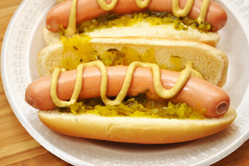 Hot Dogs with Relish and Mustard On a White Plate