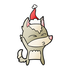 gradient cartoon of a wolf whistling wearing santa hat