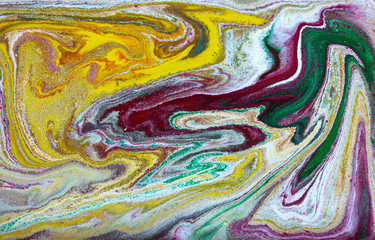 Multicolored gold marbling pattern. Golden marble liquid texture.