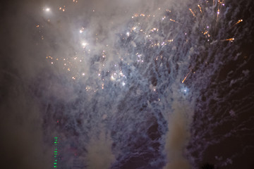 Explosive and colorful holiday fireworks at night sky.