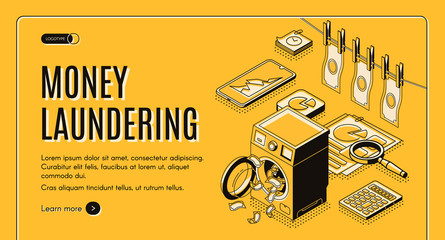 Money laundering web banner, landing page. Criminal cash cleaning in washing machine, clean and wet bills drying on rope, business infographics line art illustration. Tax evasion machinations concept