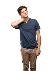 Teenager man thinking an idea while scratching head over isolated white background