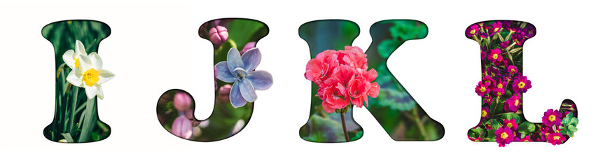 Flower font Alphabet I, J, K, L made of Real alive flowers with Precious paper cut shape of letter....