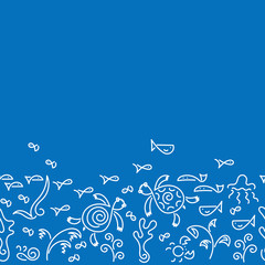 Doodle background. Two Sea Turtle, fish, underwater plants. Vector