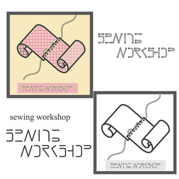   illustration depicting two stitched pieces of fabric in the form of a symbol or logo and text "sheving   workshop "