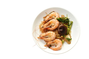shrimp steamed with glass noodle and ginger on white plate