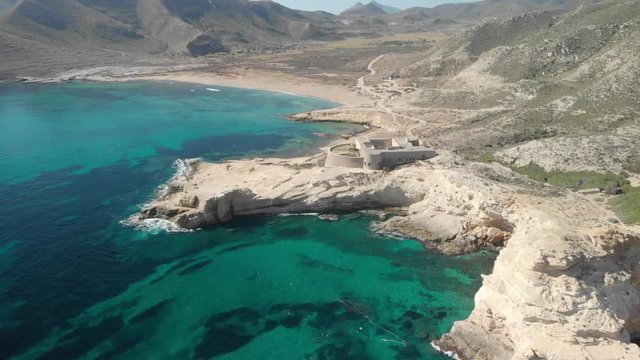 vistas  a&eacute;reas de las playas del cabo de gata y sus azules aguas 