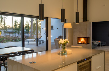 Modern kitchen with fireplace