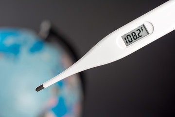 Illustration of global warming and climate change. Medical thermometer display 108.2 degrees...