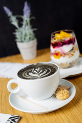 Coal latte. Black cappuccino. Black coffee with activated carbon