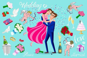Obraz na płótnie Canvas set vector Just married, newlyweds, bride and groom set. Happy Couple celebrating marriage, dancing, kissing, hugging, holding each other in arms, cut cake, jumping after ceremony