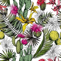 Naklejki  Wzór z roślin kaktusowych, tropikalnych liści i kwiatów. Ręcznie rysowane wektor na białym tle.