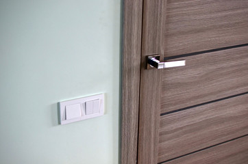 Detail of a metal handle on a wooden door in a house or apartment. Part of a chrome handle on a modern interior door. White plastic switch or light switch on the wall