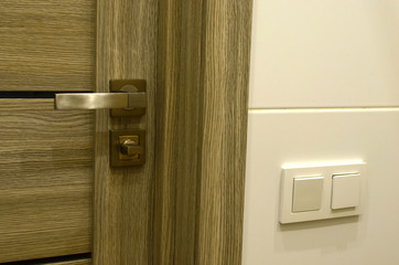 Detail of a metal handle on a wooden door in a house or apartment. Part of a chrome handle on a modern interior door. White plastic switch or light switch on the wall
