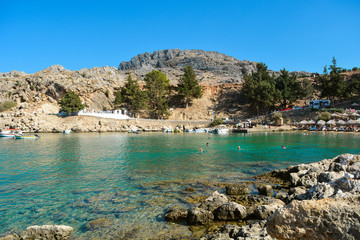 St Paul's Bay Beach in Lindos on summer day, Rhodes, Greece