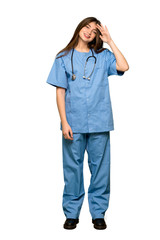 Full-length shot of Young nurse saluting with hand on isolated white background