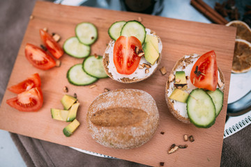 Food on a tray. Canape Breakfast. Delicious sandwiches. Healthy food
