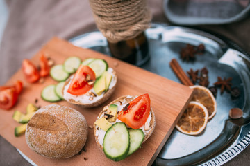Food on a tray. Canape Breakfast. Delicious sandwiches. Healthy food