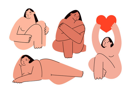 Beautiful plus size women in various poses. Body positive concept. Attractive overweight girls. For Fat acceptance movement. Hand drawn vector illustration in trendy style. All elements are isolated