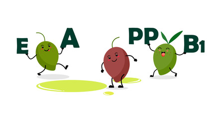 Funny and cute olives hold letters with vitamins in their hands. Vector kawaii olives on white background with vitamins
