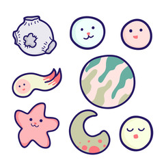 Cute cartoon planets with faces. Vector illustration