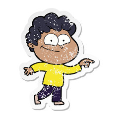 distressed sticker of a cartoon happy man