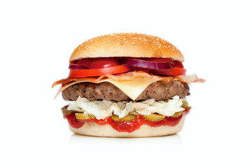  Juicy burger with a big cutlet, cheese, cucumber, tomato, onion, cabbage, sauce and sesame bun on a white background