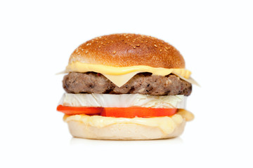  Juicy burger with a big cutlet, cheese, cucumber, tomato, onion, cabbage, sauce and sesame bun on a white background