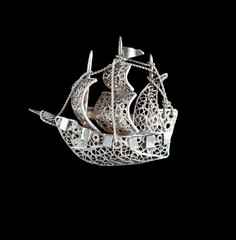 Vintage filigree silver brooch Sailboat