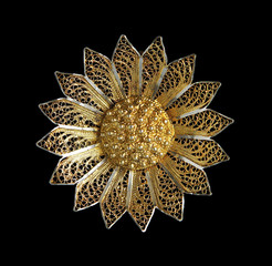 Vintage filigree silver brooch Sunflower