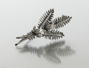 Vintage filigree silver brooch Fir branch and cones
