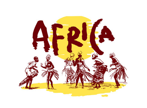 Vector illustration of  Native black skinned ethnical people of Africa tribes and .