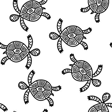 Seamless pattern with cute turtles. Hand drawn vector.