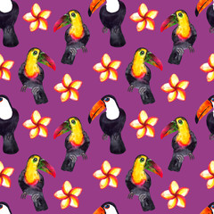 Seamless pattern of watercolor hyperrealistic nature of the tropics of Asia - black and white and colored toucans and plumeria flowers