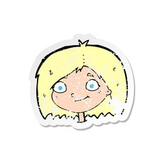 retro distressed sticker of a cartoon happy female face