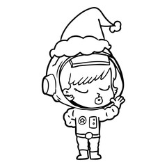 line drawing of a pretty astronaut girl wearing santa hat