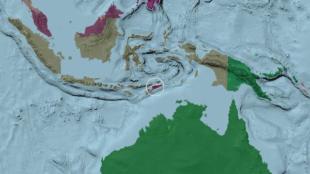 East Timor area presented against the global administrative map in the Fahey projection with animated oblique transformation
