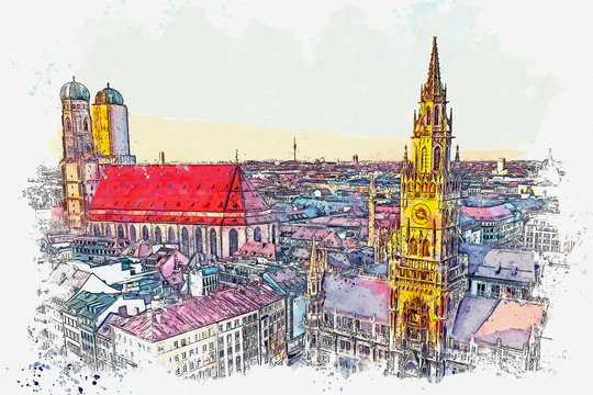 Watercolor sketch or illustration of a beautiful view of the traditional architecture in Munich in Germany. Cityscape or urban skyline