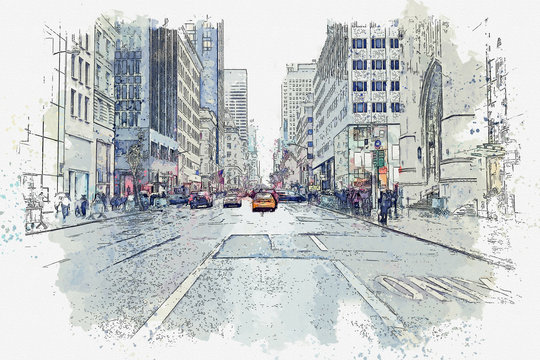 Watercolor sketch or illustration of a beautiful street view in New York in the USA with traditional modern buildings, road, cars and people. Everyday life